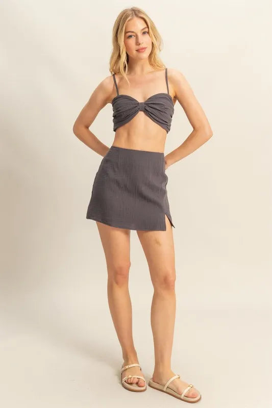 HYFVE Ruched Bra Top and Mini Skirt Set CHARCOAL
