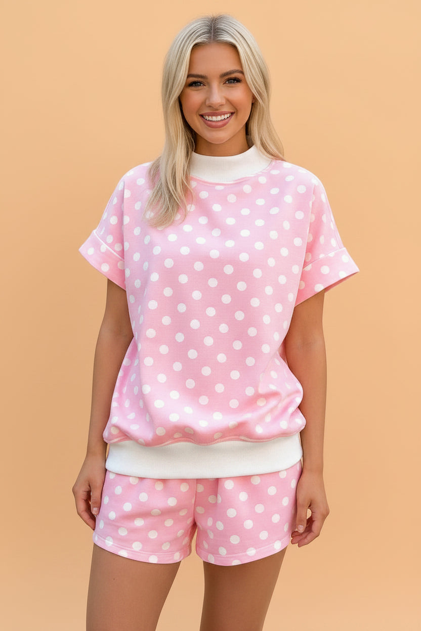 Polka Dot Colorblock Mock Neck & Shorts Set