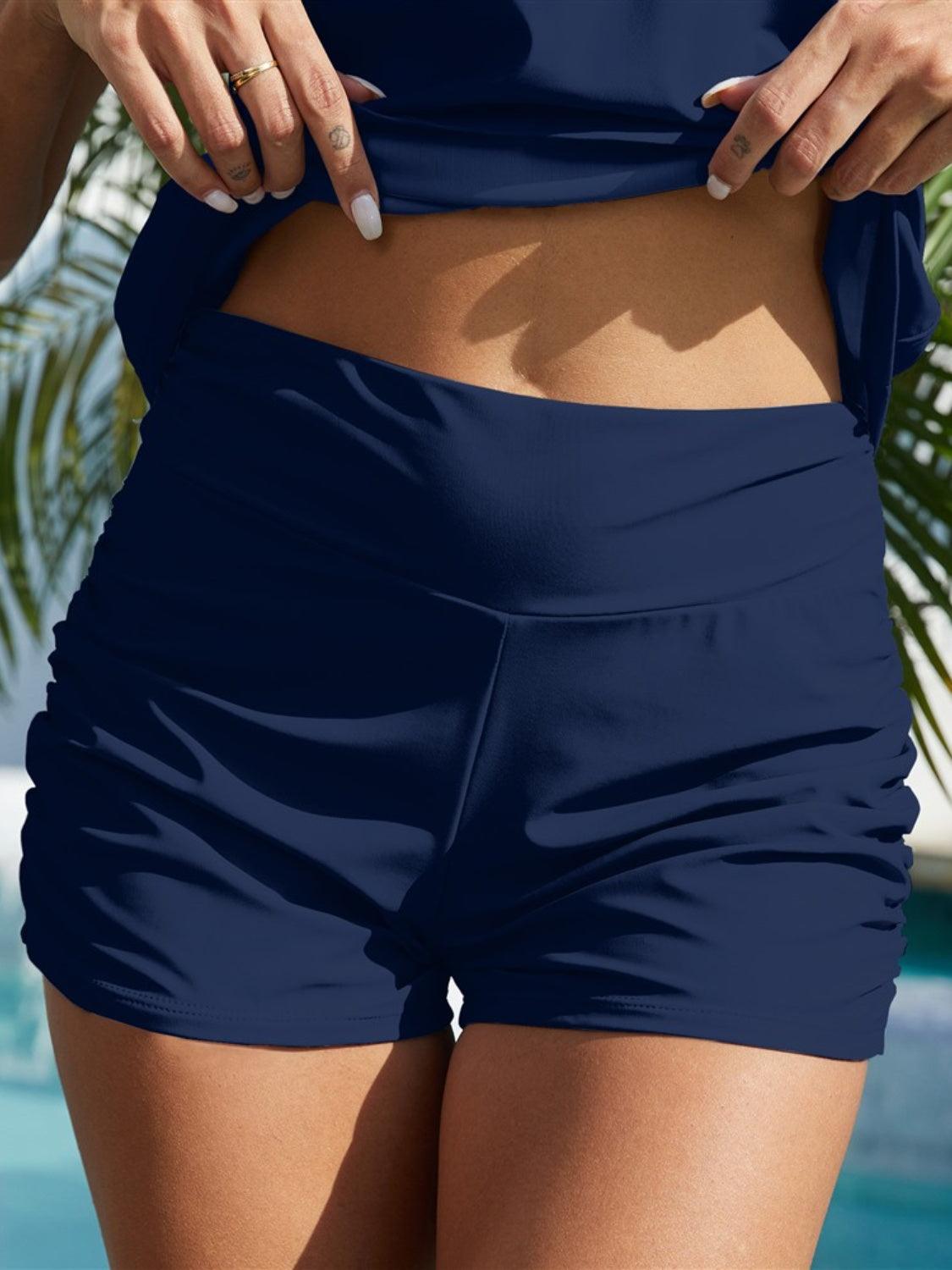 Ruched Mid-Rise Waist Swim Shorts Dark Blue