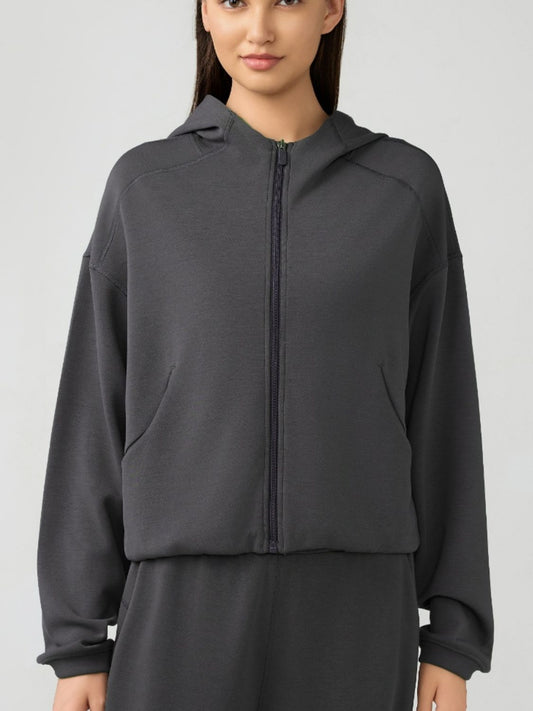 Millennia Zip Up Dropped Shouder Active Hooded Dark Gray