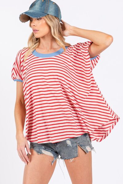 Ces Femme Striped Round Neck Short Sleeve T-Shirt Red