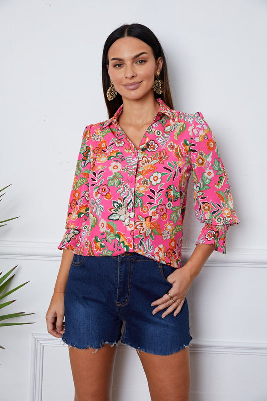 Floral Button Up Flounce Sleeve Shirt Deep Red