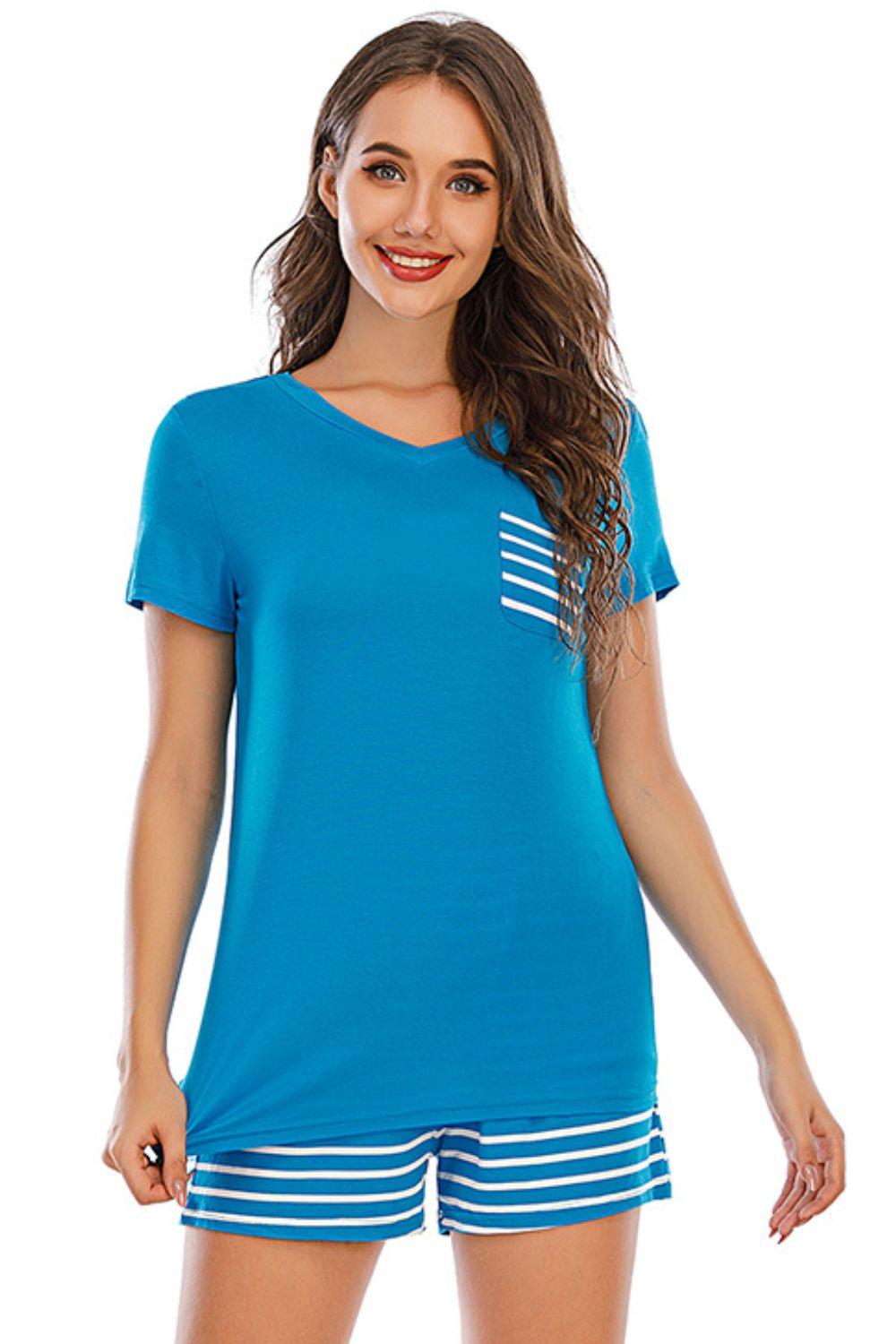 Striped Short Sleeve Top and Shorts Lounge Set Sky Blue