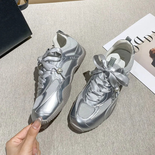 Round Toe Flats Sneakers Silver