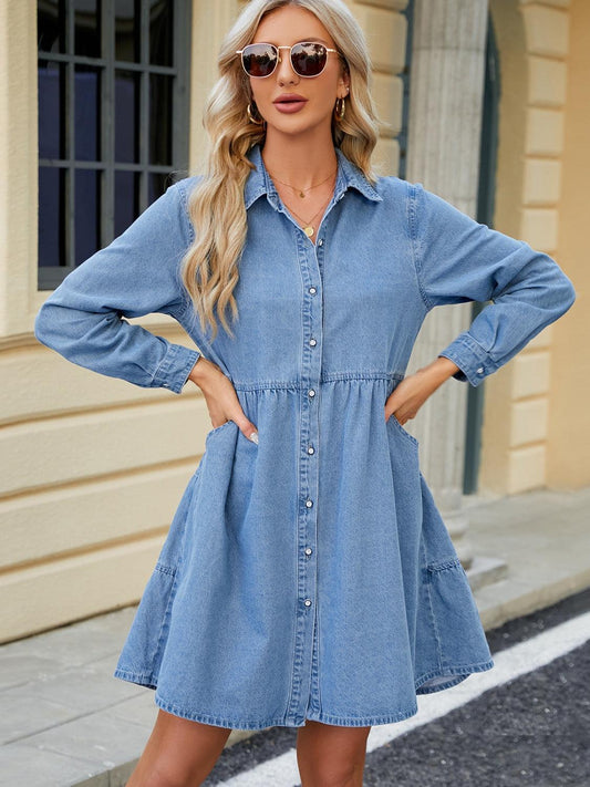Tiered Button Up Long Sleeve Denim Dress Medium
