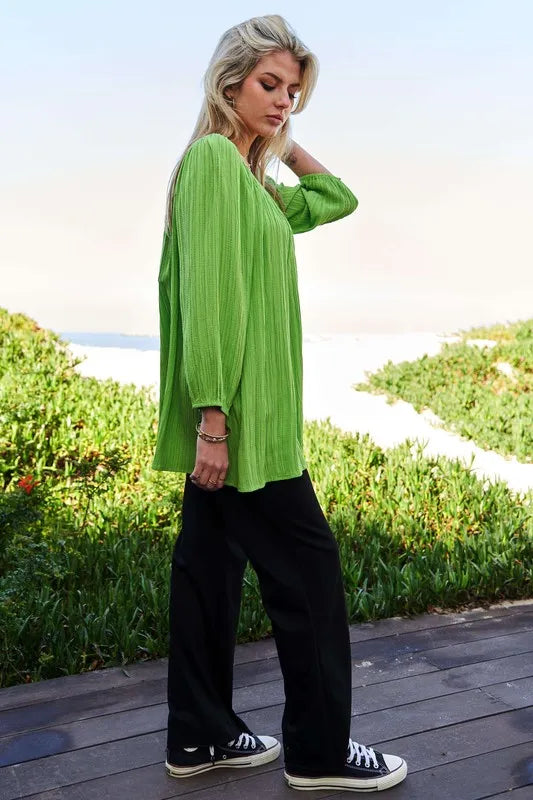 Davi & Dani Crinckled Texture Fabric Round Neck Swing Top