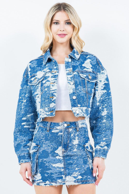 American Bazi Jacquard Trim Cropped Denim Jacket Blue Combo