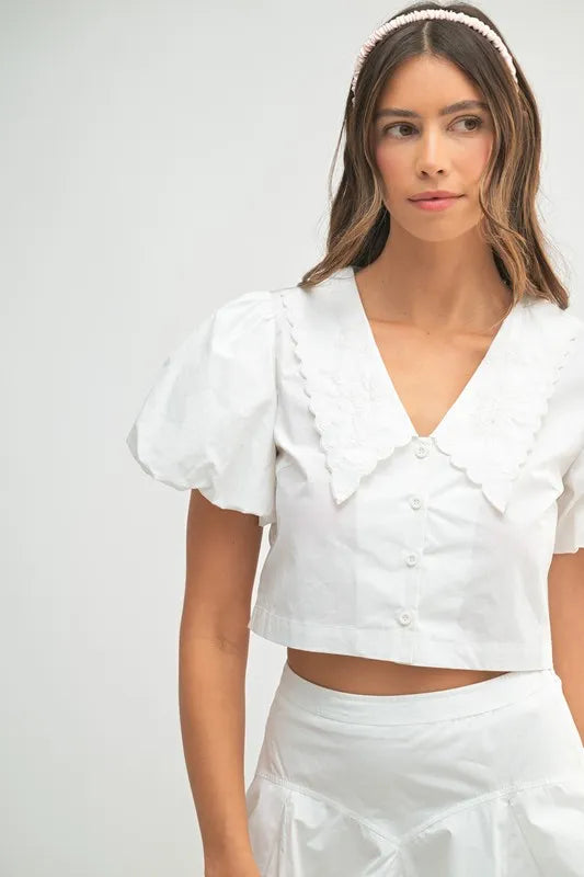 MABLE Puff Sleeve Button Down Top and Bubble Skirt Set
