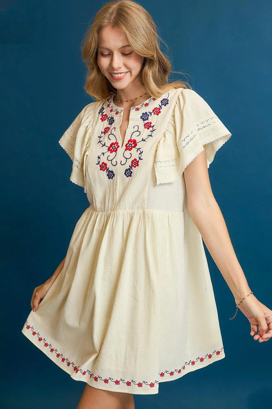 Umgee Embroidered Floral Flutter Sleeve Mini Dress Ivory