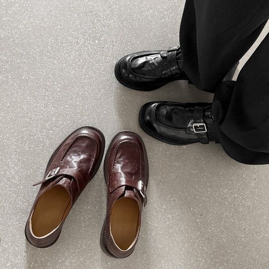 Women's Washed Leather Monk Strap Loafers | Handmade Buckle Low Block Heel Shoes