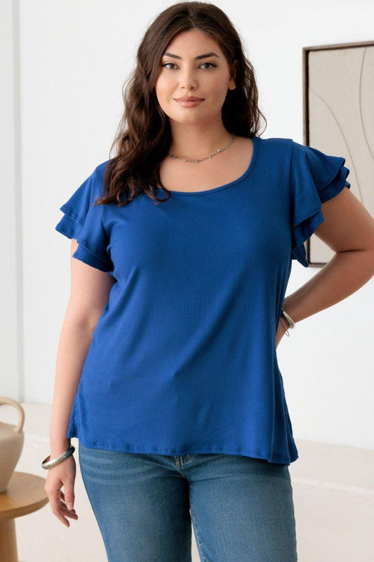 Gilli Plus Size Short Fluttery Sleeve Round Neck Top Royal Blue