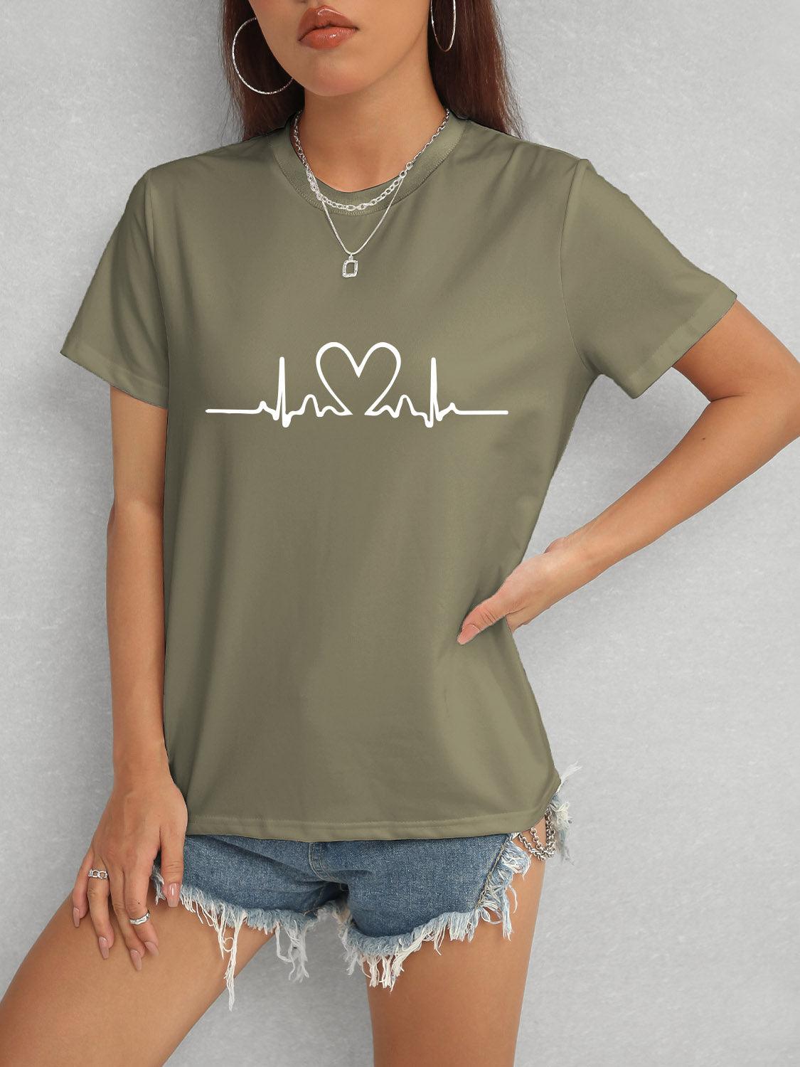 Heart Round Neck Short Sleeve T-Shirt Army Green