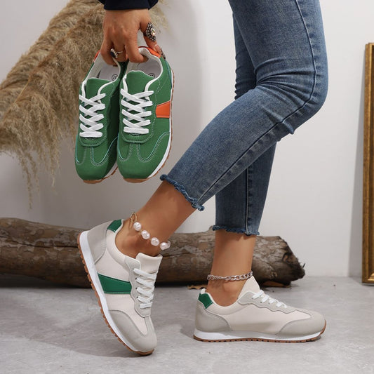 PU Leather Contrast Round Toe Flats Sneakers Beige