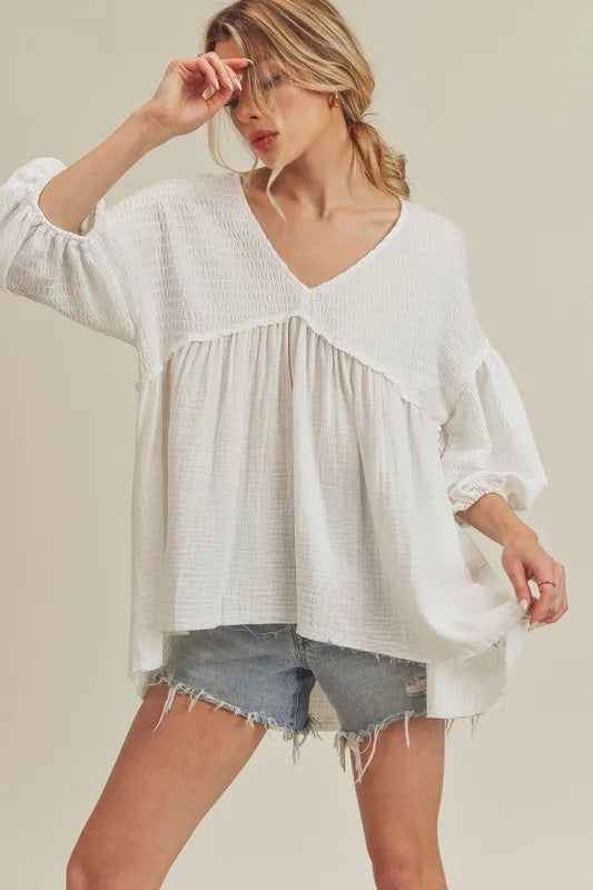 Aemi + Co High-Low Frayed Hem V-Neck Blouse White