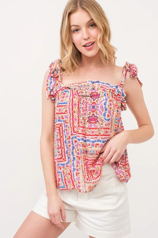 And The Why Ruffled Neck Tied Strap Boho Printed Swing Top RED MULTI