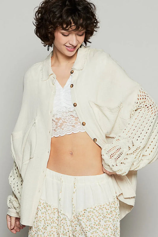 POL Openwork Lantern Sleeve Button Down Gauze Shirt Natural