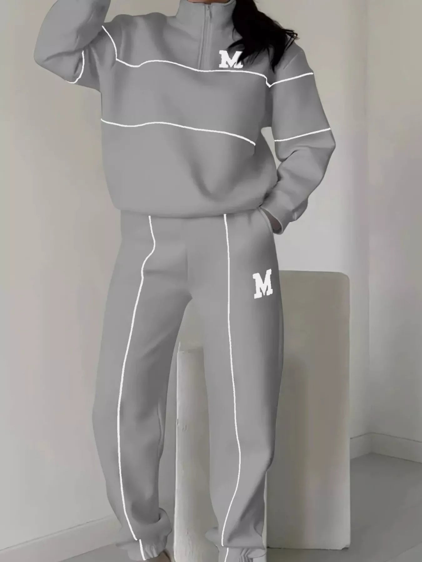 Full Size Striped Quarter Zip Top and Pants Set Plus Size