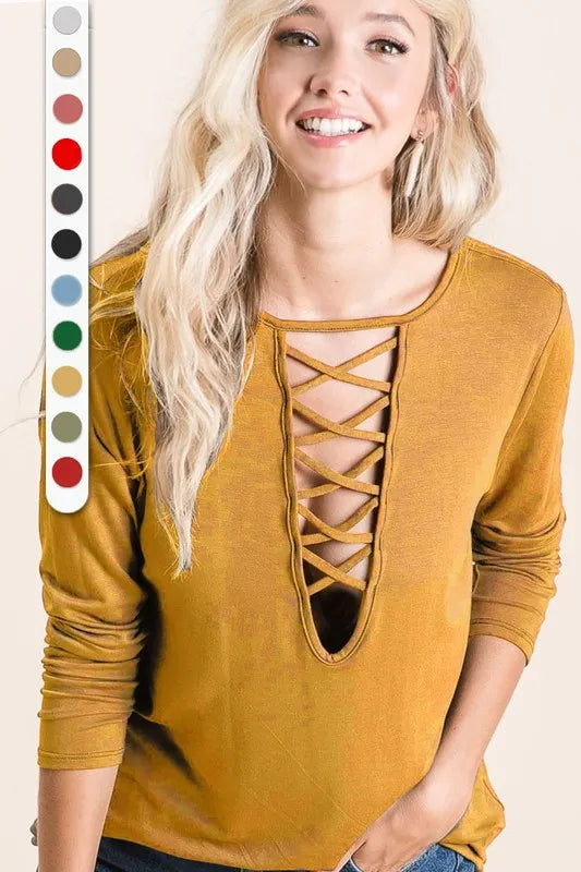 BiBi Jersey Knit Top with Criss Cross Caged Neck Detail MUSTARD