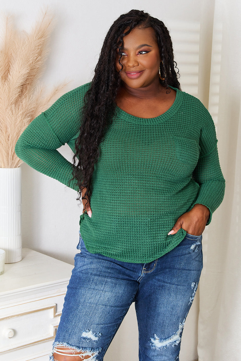 Culture Code Full Size Scoop Neck Patch Pocket Top Dark Green