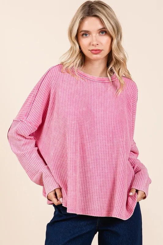Mittoshop Waffle-Knit Exposed Seam Round Neck Top BARBIE PINK