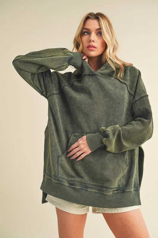 Aemi + Co Exposed Seam Side Slit Hoodie with Kangaroo Pocket Army Green