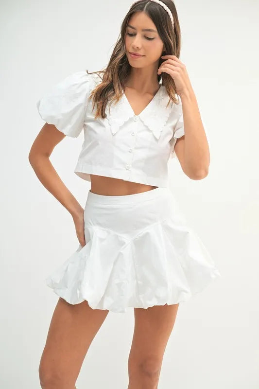 MABLE Puff Sleeve Button Down Top and Bubble Skirt Set Off White