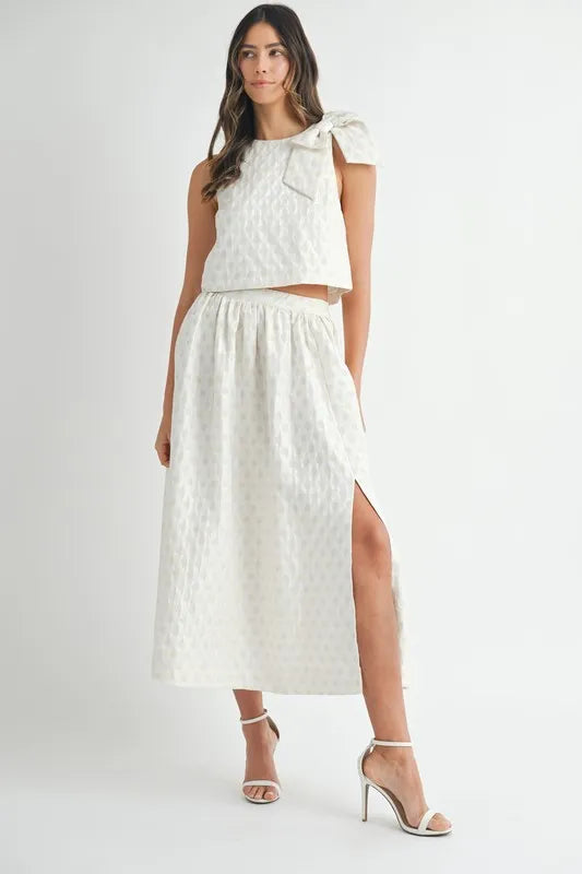 MABLE Taffeta Polka Dot Shoulder Ribbon Top and Skirt Set Cream
