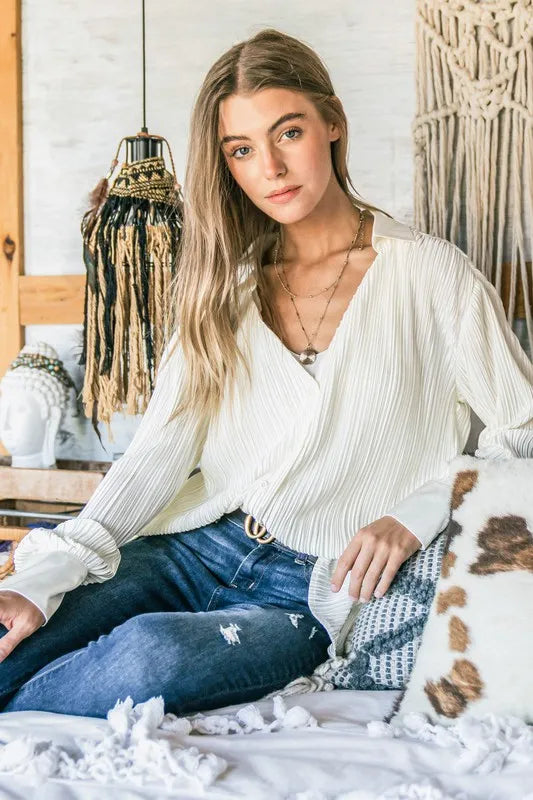 And The Why V Neck Pleated Long Sleeves Shirt CREAM
