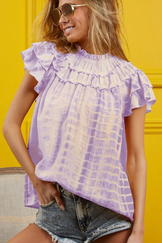 BiBi Tiered Ruffle Neck Tie Dye Top LAVENDER