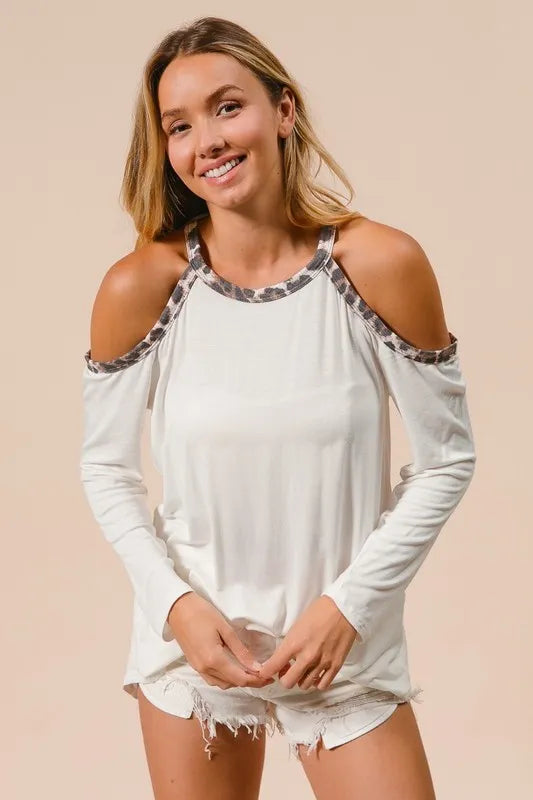 BiBi Jersey Knit Cold Shoulder Top with Leopard Neck IVORY