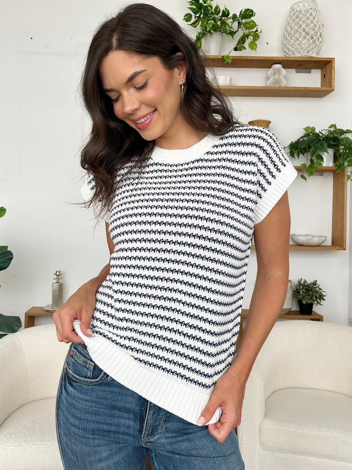 Striped Round Neck Sweater Vest Black
