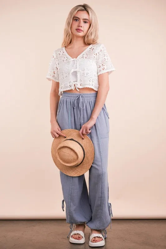 VERY J Front Tie Crochet Crop Top Ivory