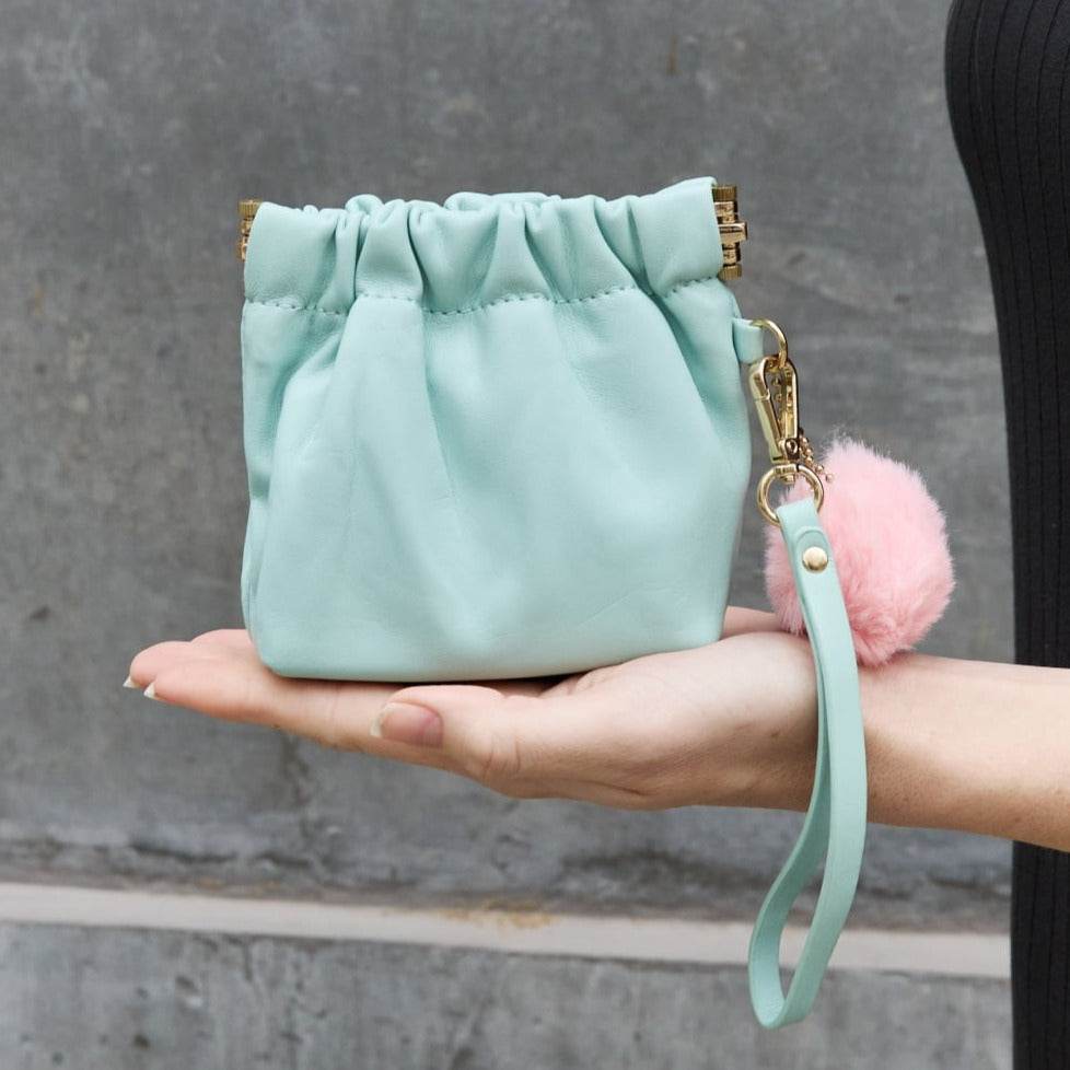 Faux Leather Women Pouch with Pompom Keychain - Nicole Lee USA