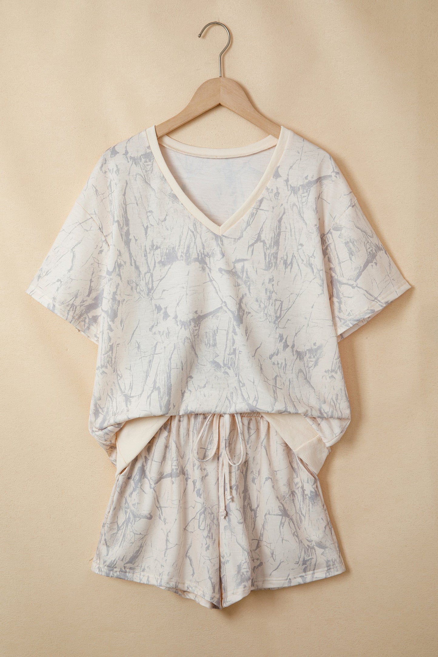 Camo V-Neck Loose Tee & Drawstring Shorts Set