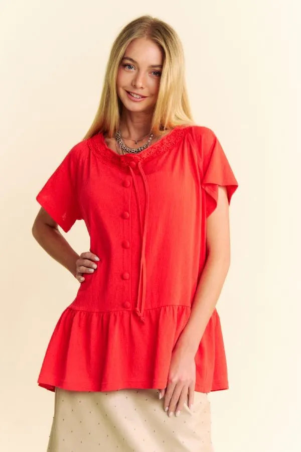 Davi & Dani Solid Lace Trim Neck Short Sleeve Peplum Top