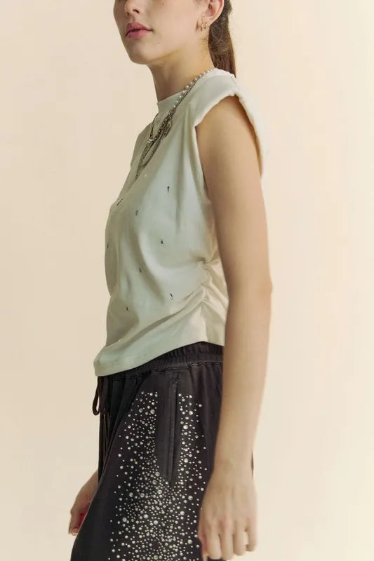 Davi & Dani Solid Mock Neck Short Sleeve Jewel Crop Top