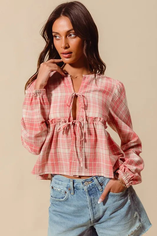 SO ME Front Tie Checkered Plaid Blouse