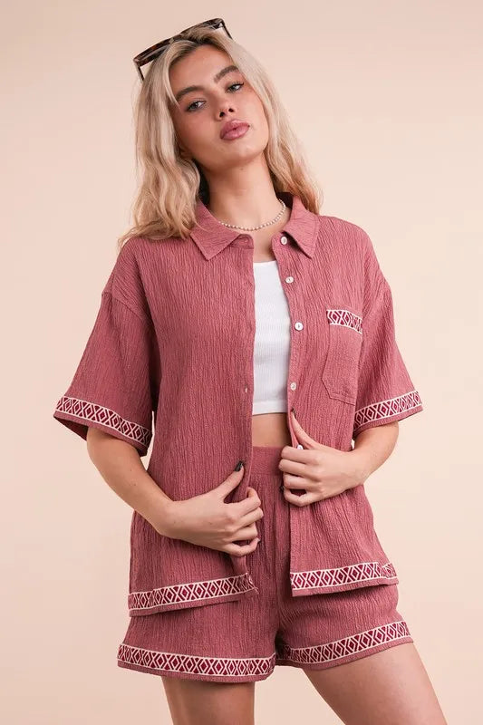VERY J Crinkled Woven Shirt Top & Shorts Set