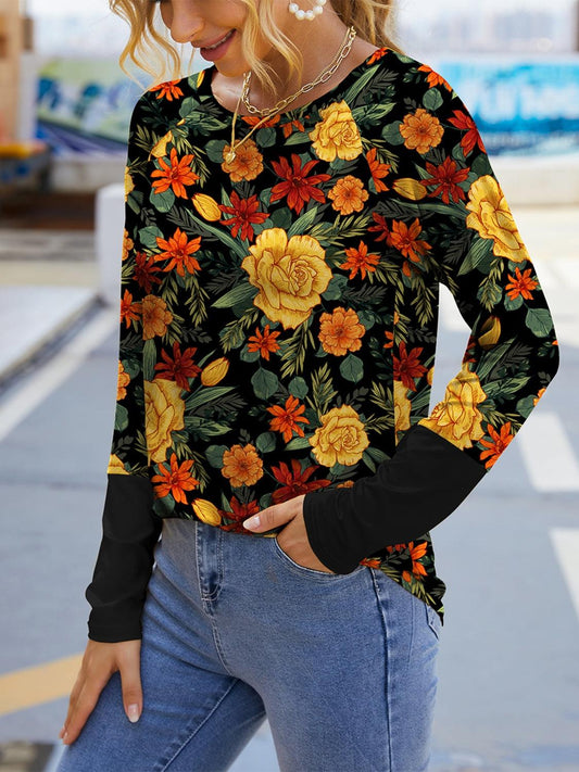 FAM-FAM Printed Round Neck Long Sleeve T-Shirt Black