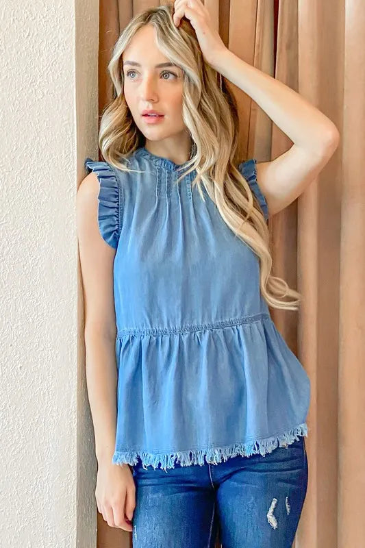 And The Why Chambray Ruffle Sleeveless Top
