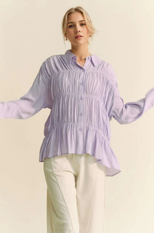 Davi & Dani Ruched All Over Button Front Shirt LILAC
