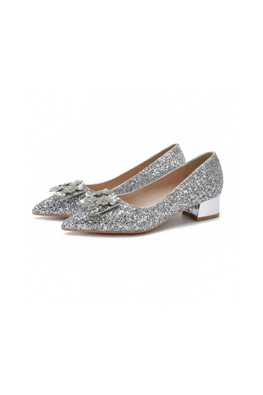 Glitter Point Toe Block Heel Pumps Silver
