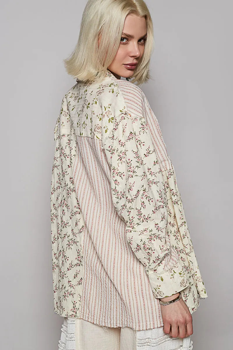 POL Lace Patchwork Floral Button-Up Shirt