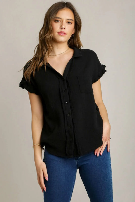 Umgee Full Size Frayed Hem Collared Neck Short Sleeve Shirt Plus Size Black