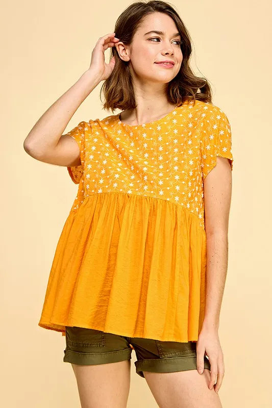 Lime 'N' Chili Embroidered Short Sleeve Pleated Babydoll Top