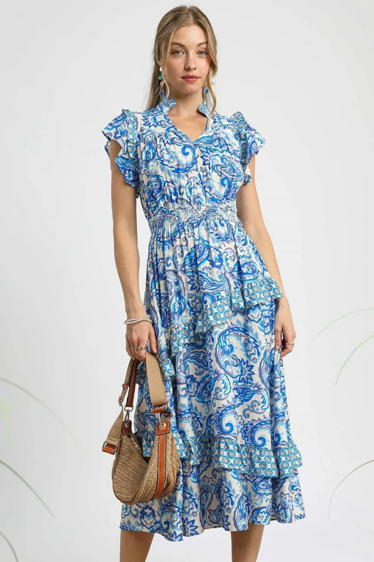 Umgee Paisley Print Ruffle Sleeve Midi Dress Royal Blue