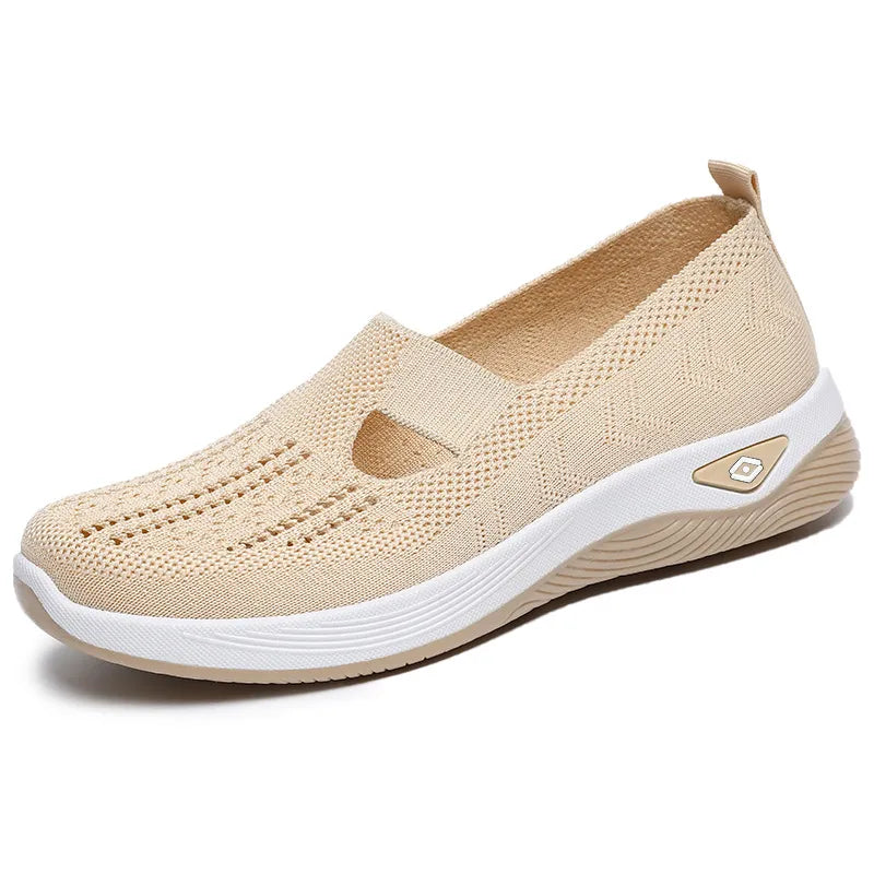 Breathable Mesh Round Toe Wedge Sneakers Beige