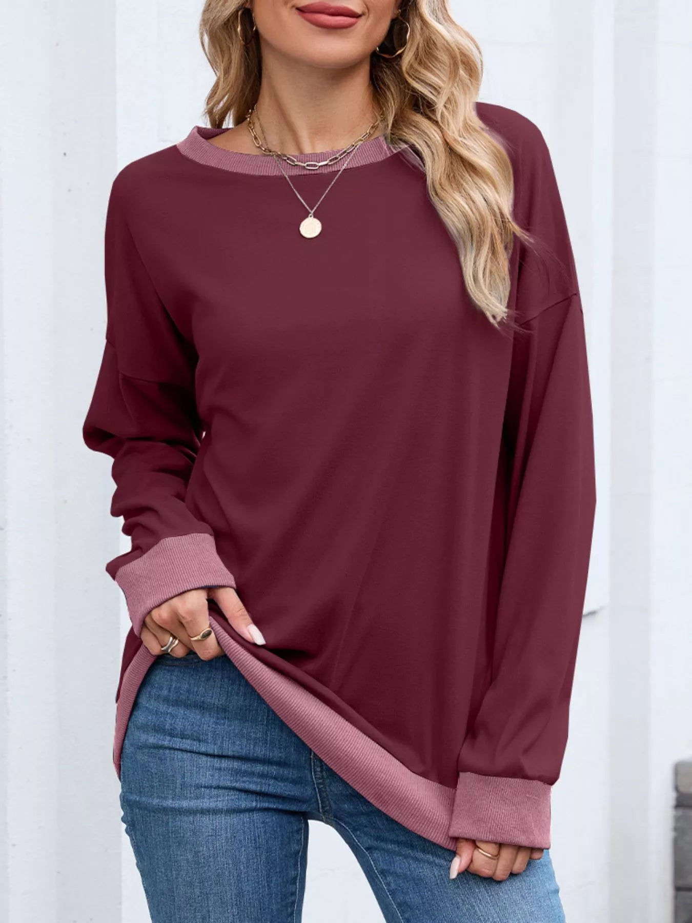 Contrast Trim Long Sleeve Sweatshirt