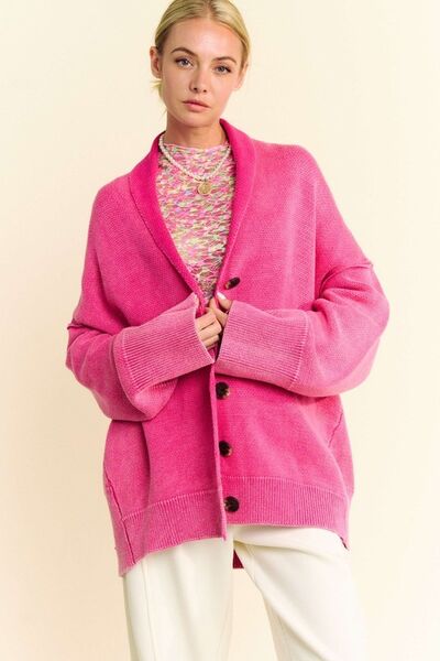 Davi & Dani Shawl Collar Ribbed Detail Button Up Cardigan Hot Pink
