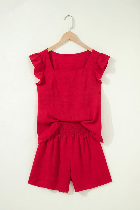 Solid Textured Square Neck Top & Shorts Set
